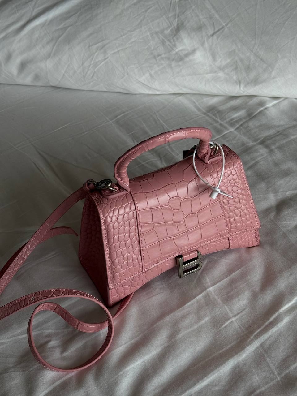 Balenciaga Hourglass Handbag Small in Crocodile Embossed Calfsk Pink - 5