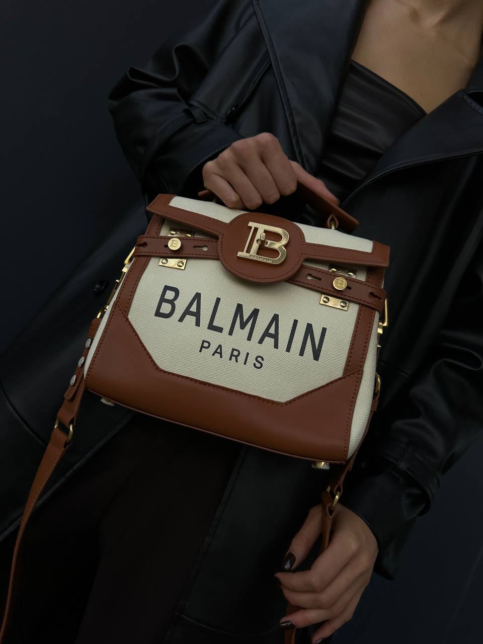 Balmain B-Buzz 23 Bag in Cream/Brown Box Leather - 2