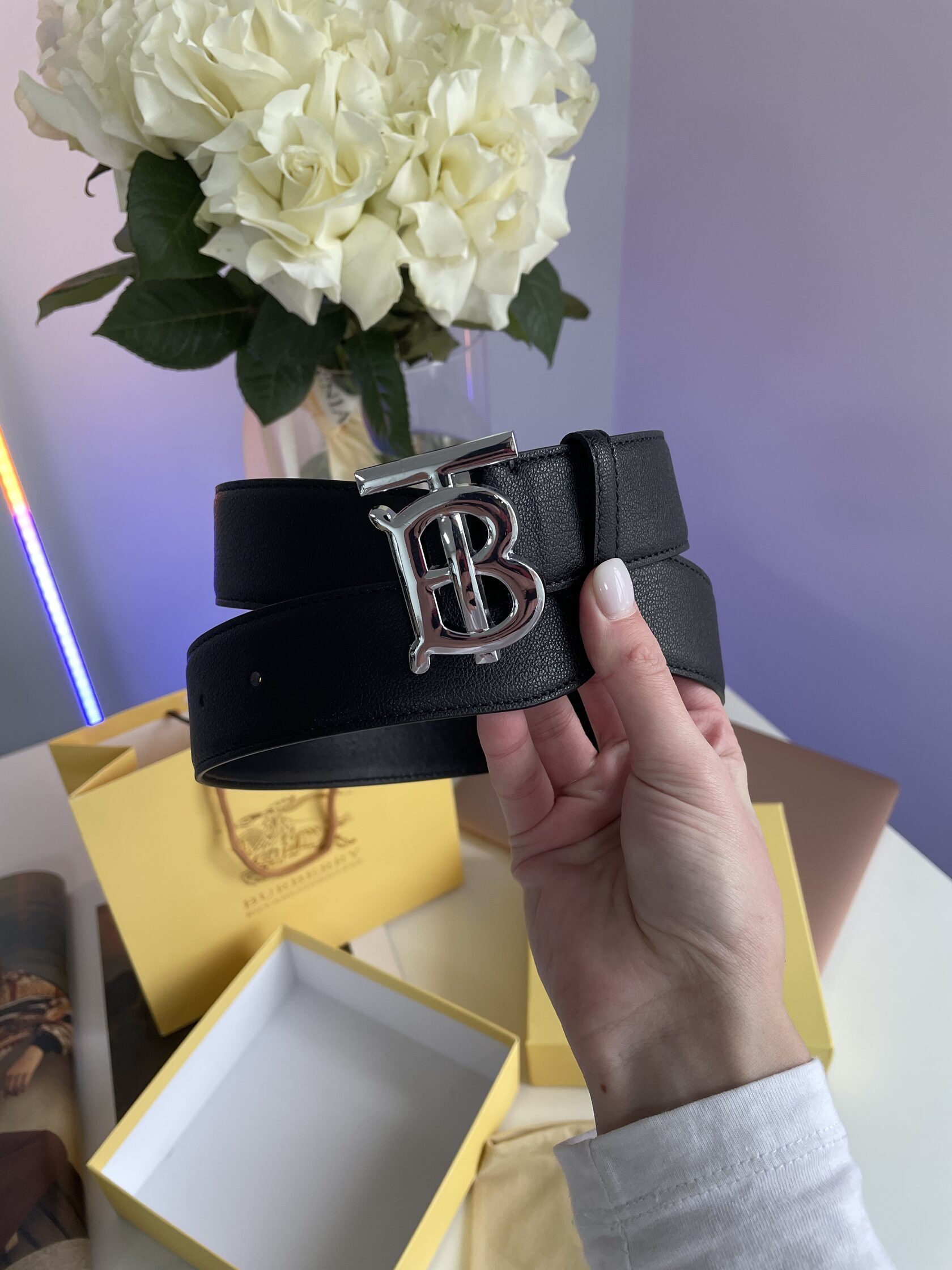 Burberry Leather TB Belt Black/Tan/Silver - 5