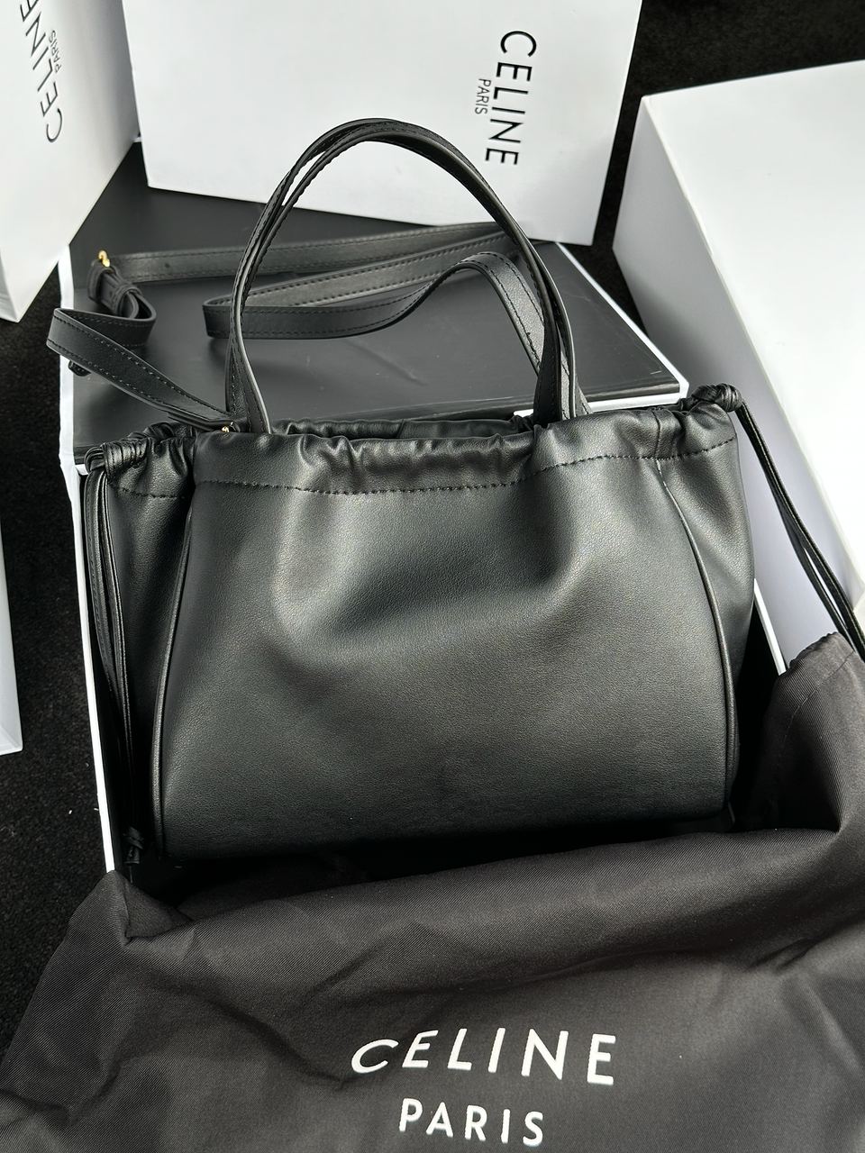 Celine Small Cabas Drawstring Cuir Triomphe In Smooth Calfskin Tan Black - 16