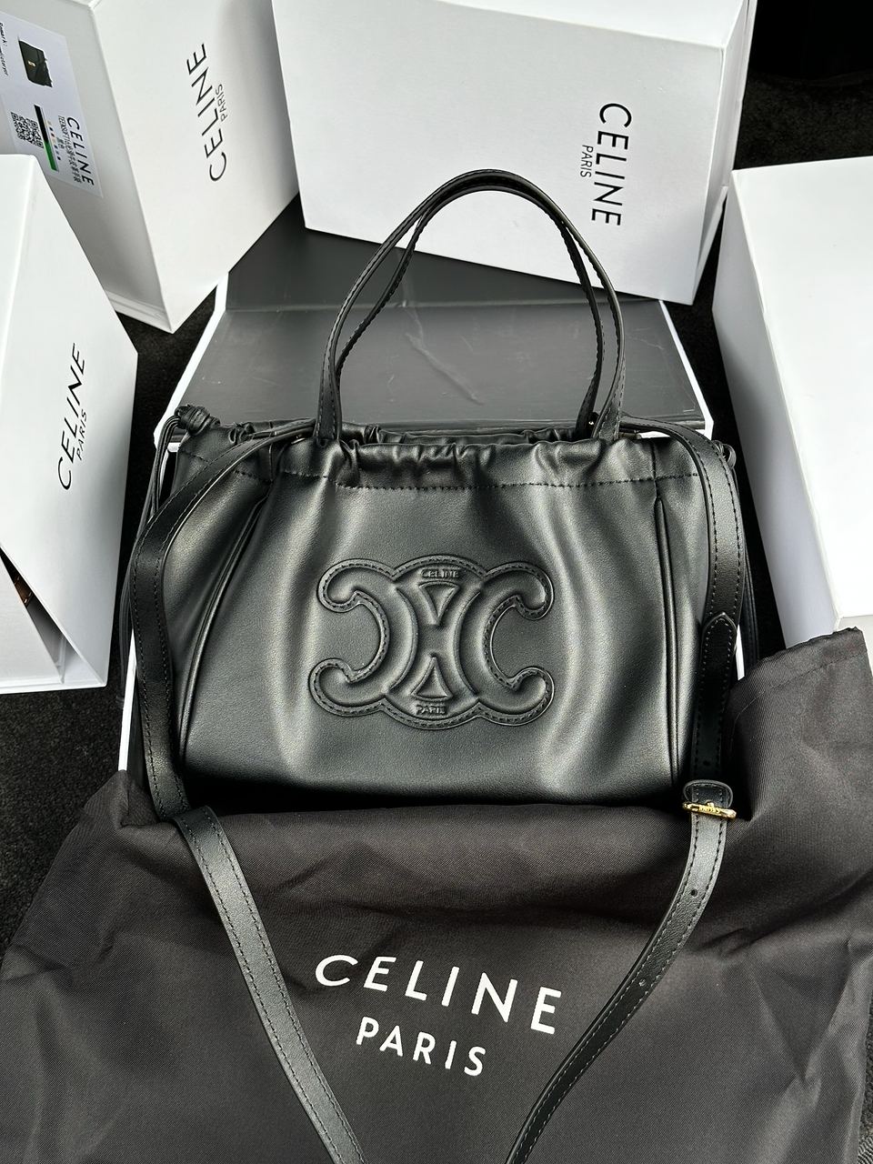 Celine Small Cabas Drawstring Cuir Triomphe In Smooth Calfskin Tan Black - 2