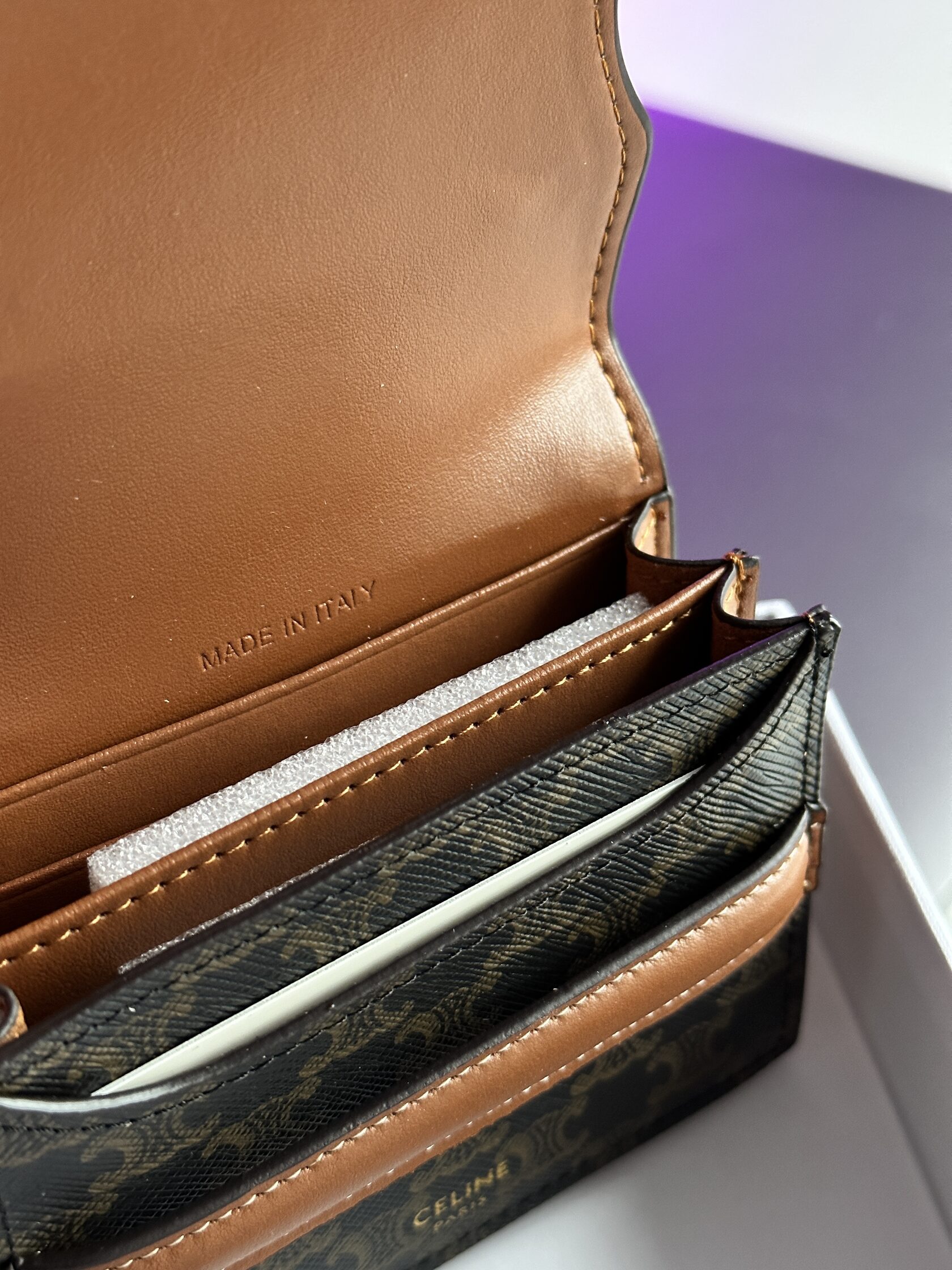 Celine Small Trifold Wallet In Triomphe Canvas And Lambskin Tan - 15