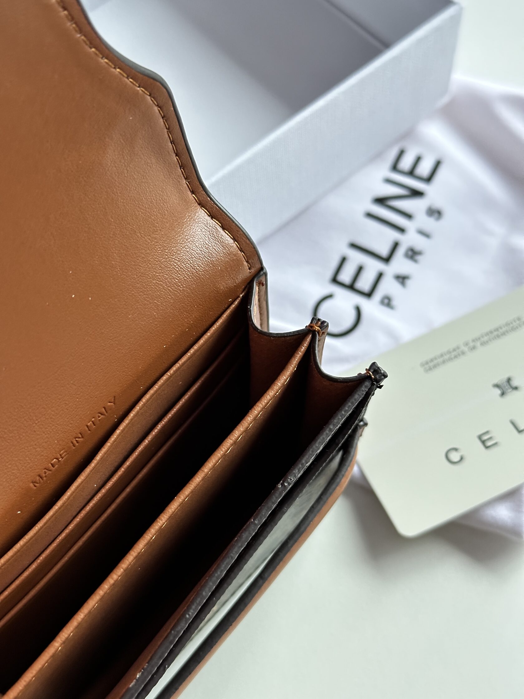 Celine Small Trifold Wallet In Triomphe Canvas And Lambskin Tan - 16