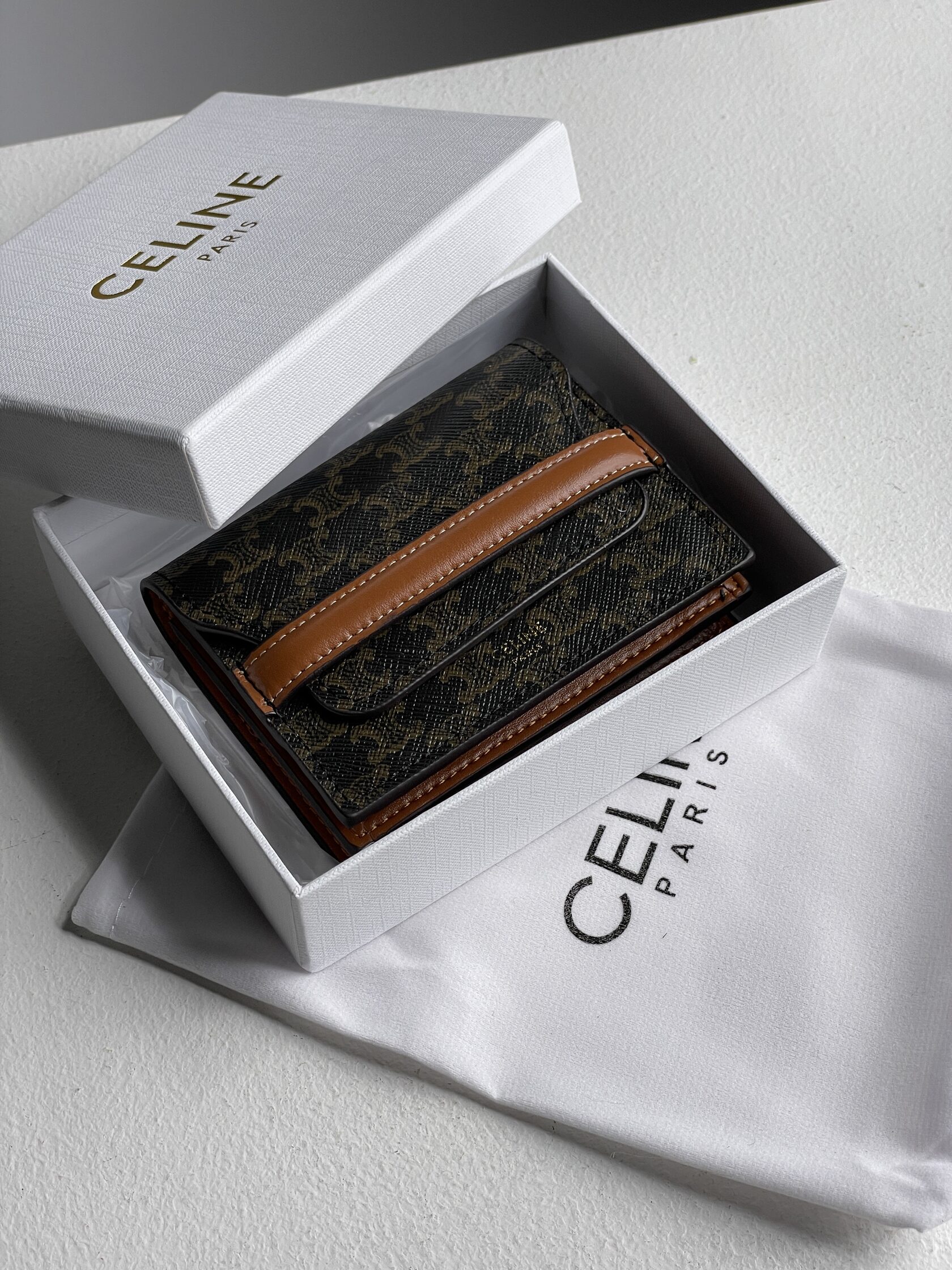 Celine Small Trifold Wallet In Triomphe Canvas And Lambskin Tan - 4