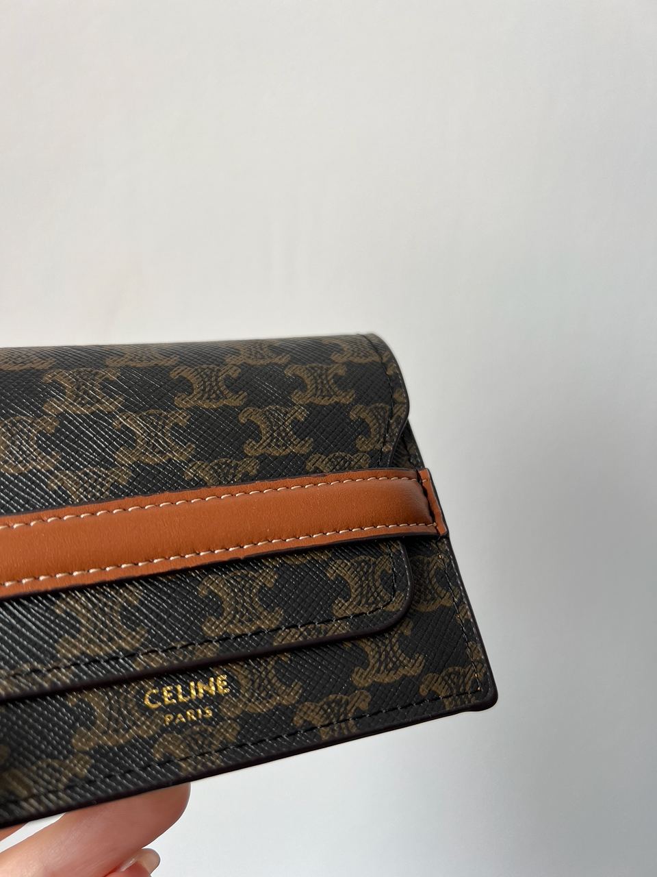 Celine Small Trifold Wallet In Triomphe Canvas And Lambskin Tan - 6