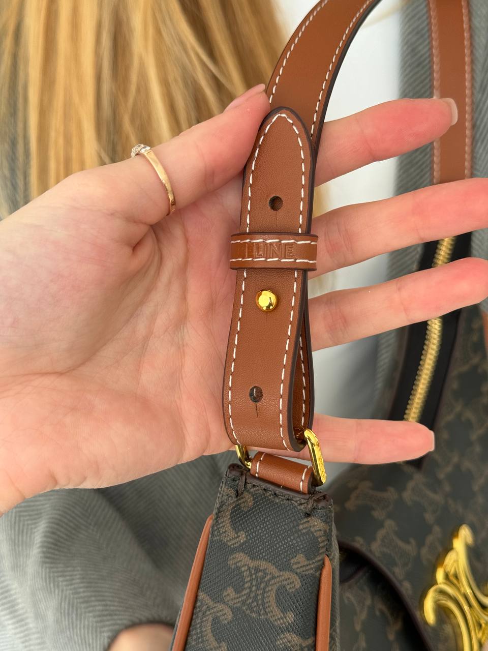 Celine Small Triomphe Besace Bag in Triomphe Canvas and Calfskin - 8