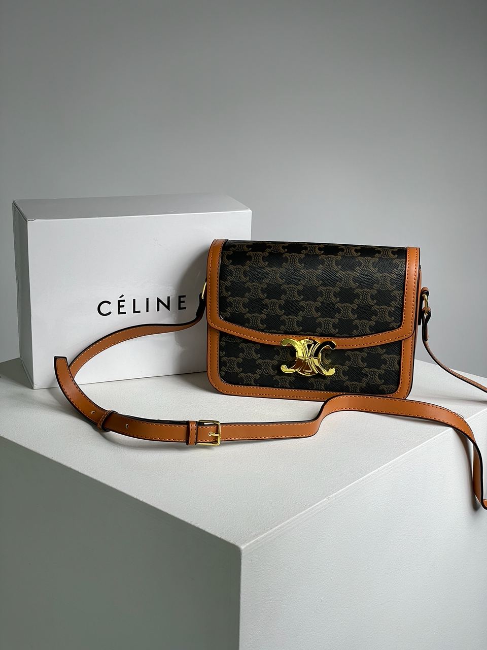 Celine Teen Triomphe Bag in Triomphe Canvas And Calfskin Tan - 3