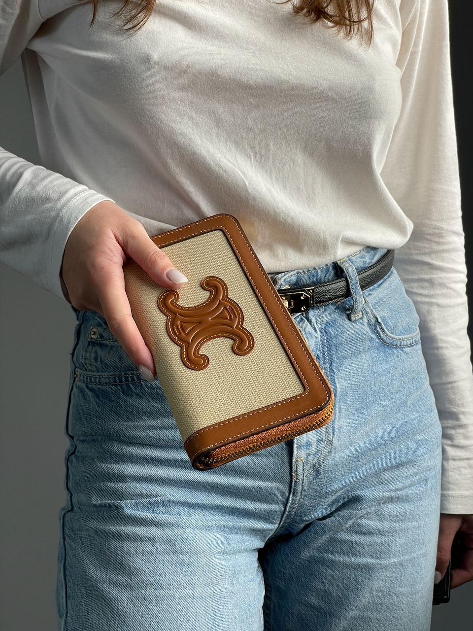 Celine Zipped Wallet Cuir Triomphe in Textile and Calfskin Natural/Tan - 5