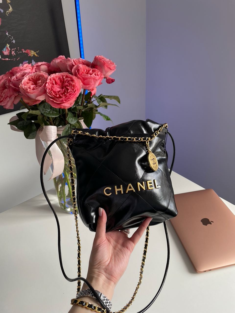 Chanel Black Quilted Calfskin Mini 22 Bag Gold Hardware - 12