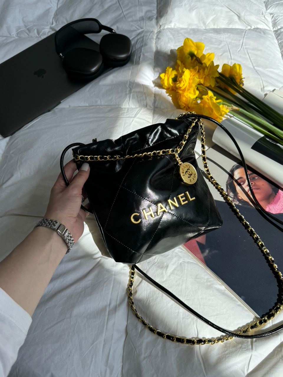 Chanel Black Quilted Calfskin Mini 22 Bag Gold Hardware - 7