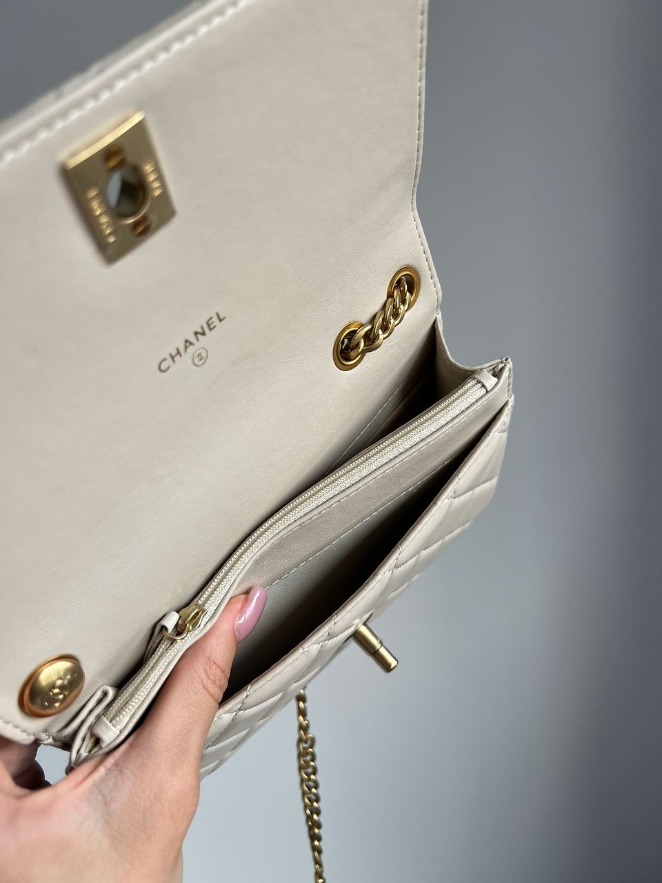 Chanel Calfskin Quilted Perfect Fit Wallet On Chain Beige/Gold - 8