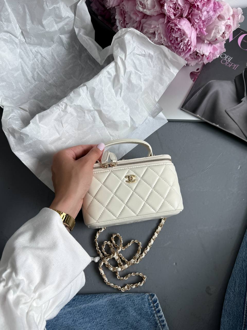 Chanel Classic Beige Lambskin Pearl Crush Vanity Bag - 5