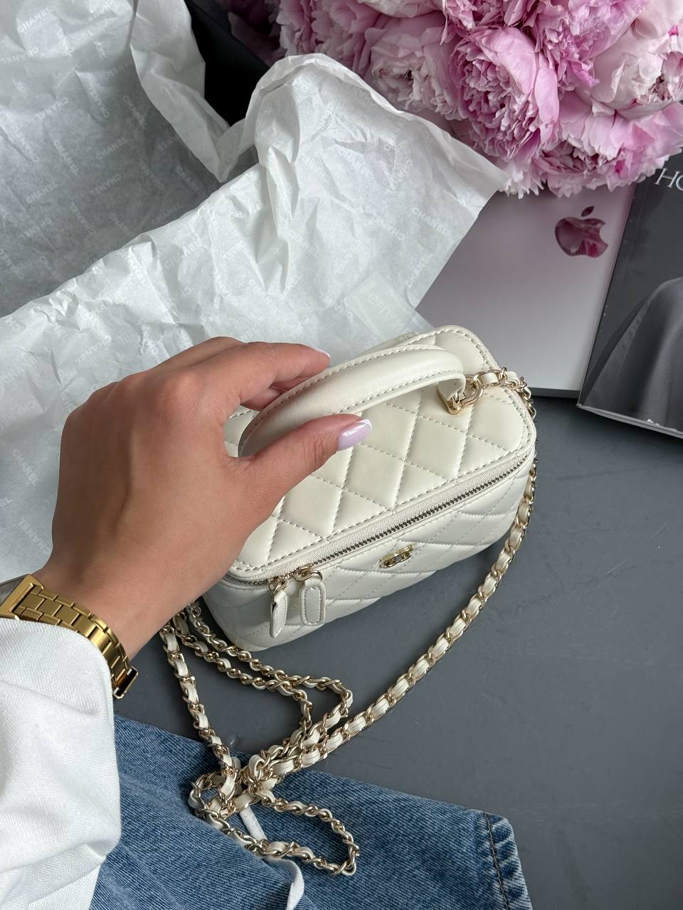 Chanel Classic Beige Lambskin Pearl Crush Vanity Bag - 6