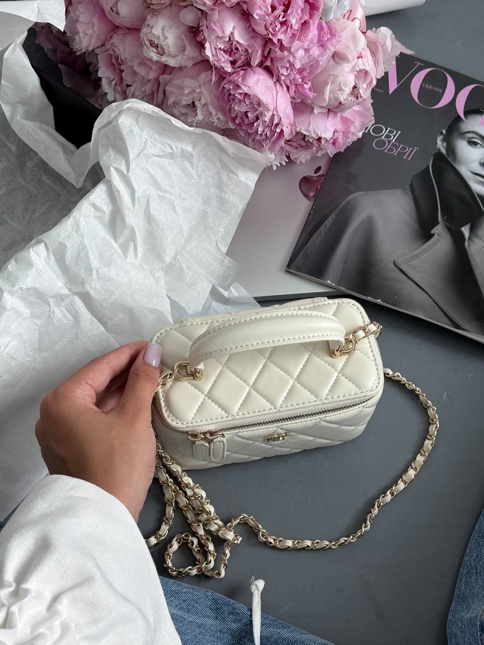 Chanel Classic Beige Lambskin Pearl Crush Vanity Bag - 7