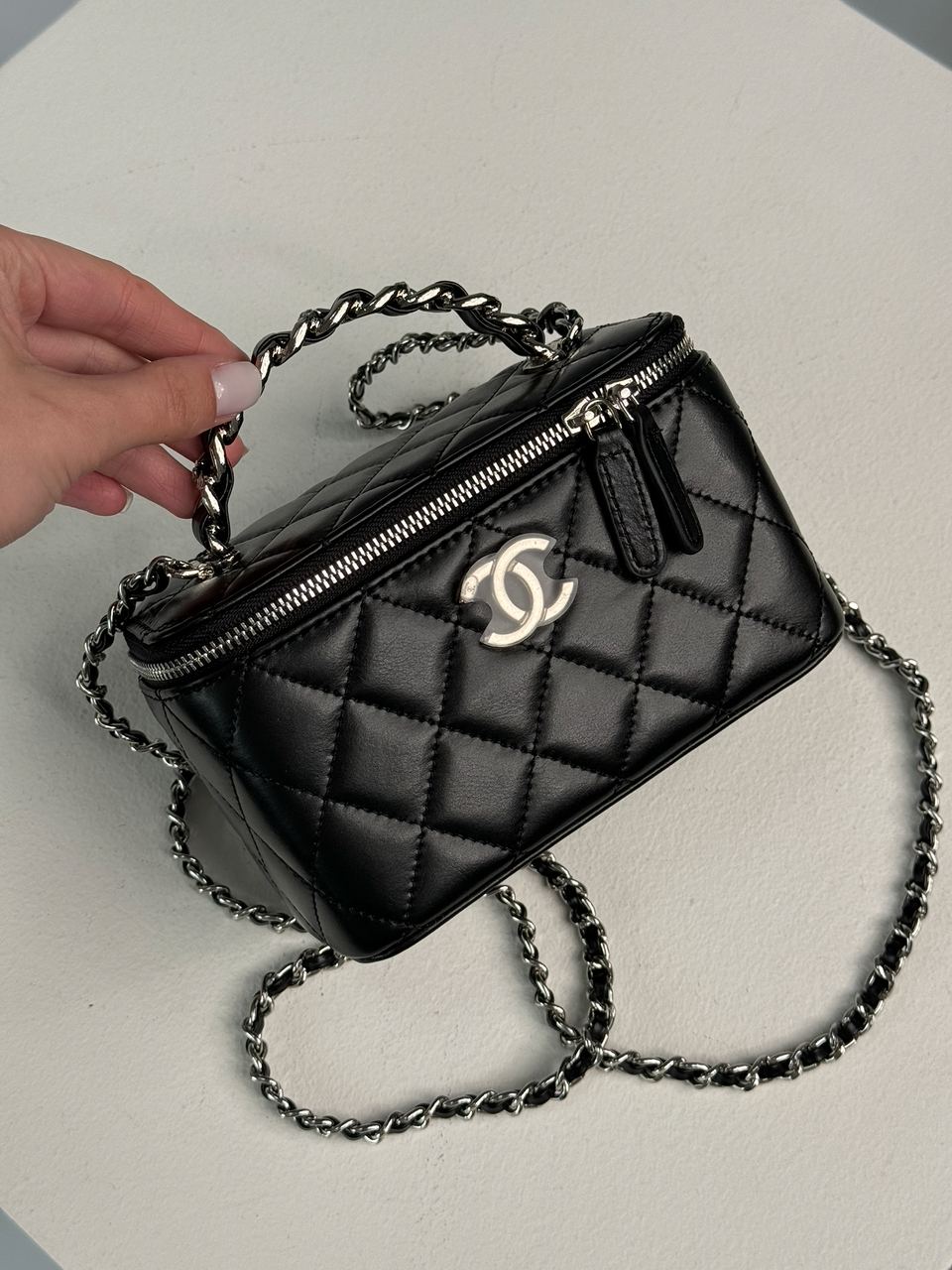 Chanel Classic Black Lambskin Pearl Crush Vanity Bag Silver - 12