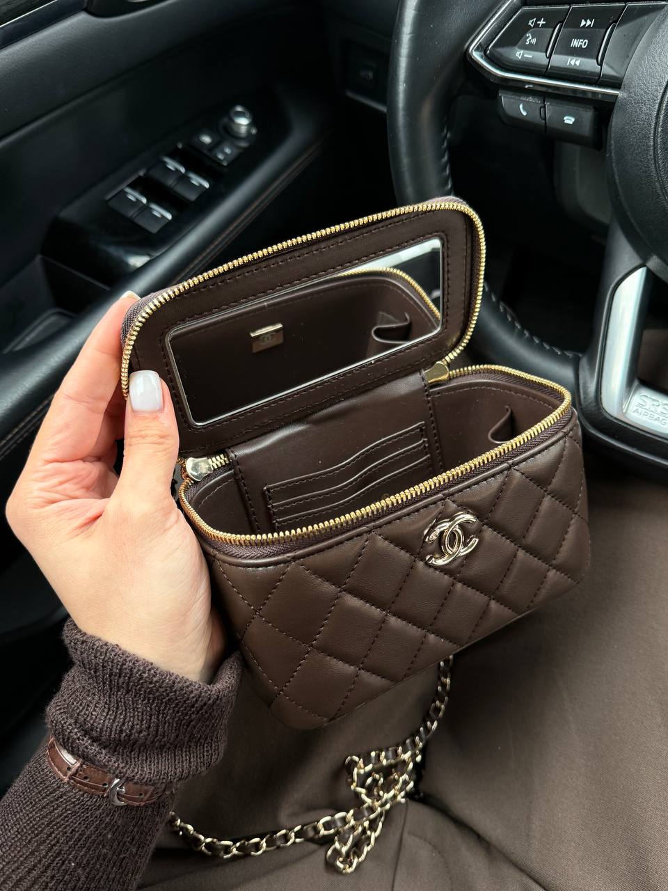 Chanel Classic Brown Lambskin Pearl Crush Vanity Bag Gold - 12