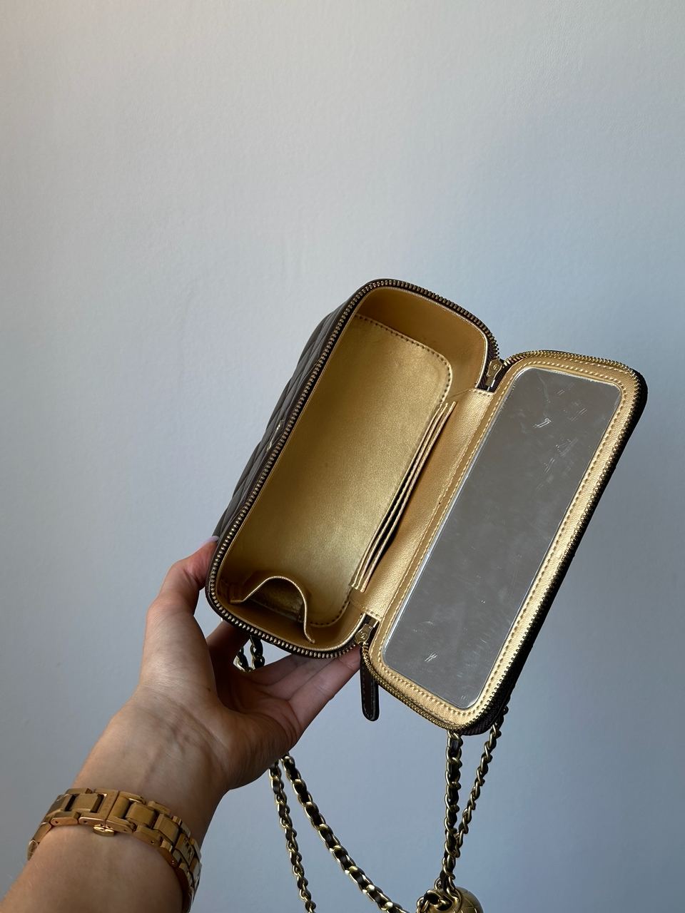 Chanel Classic Brown Lambskin Pearl Crush Vanity Bag Gold - 14