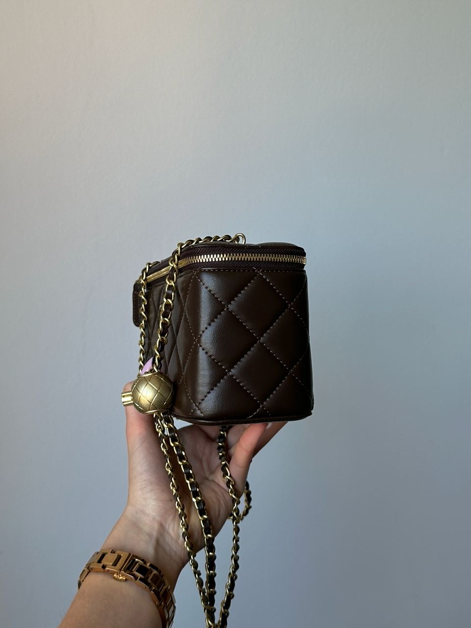 Chanel Classic Brown Lambskin Pearl Crush Vanity Bag Gold - 8