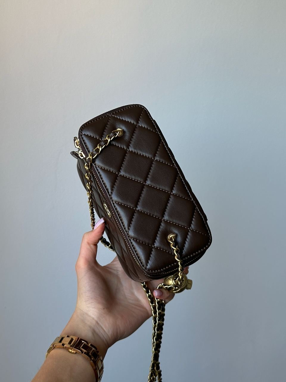 Chanel Classic Brown Lambskin Pearl Crush Vanity Bag Gold - 9