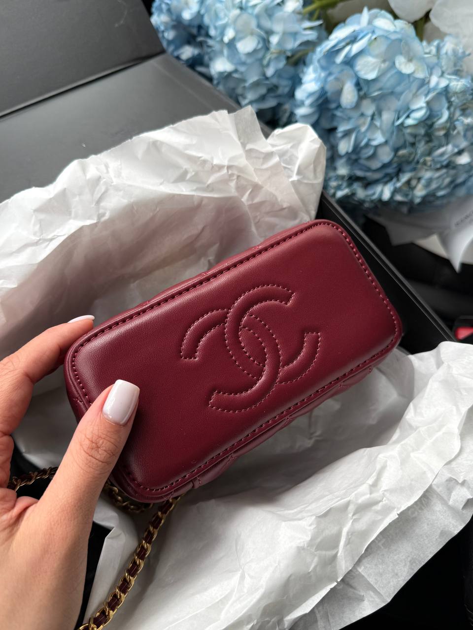 Chanel Classic Burgundy Lambskin Pearl Crush Vanity Bag Gold - 8