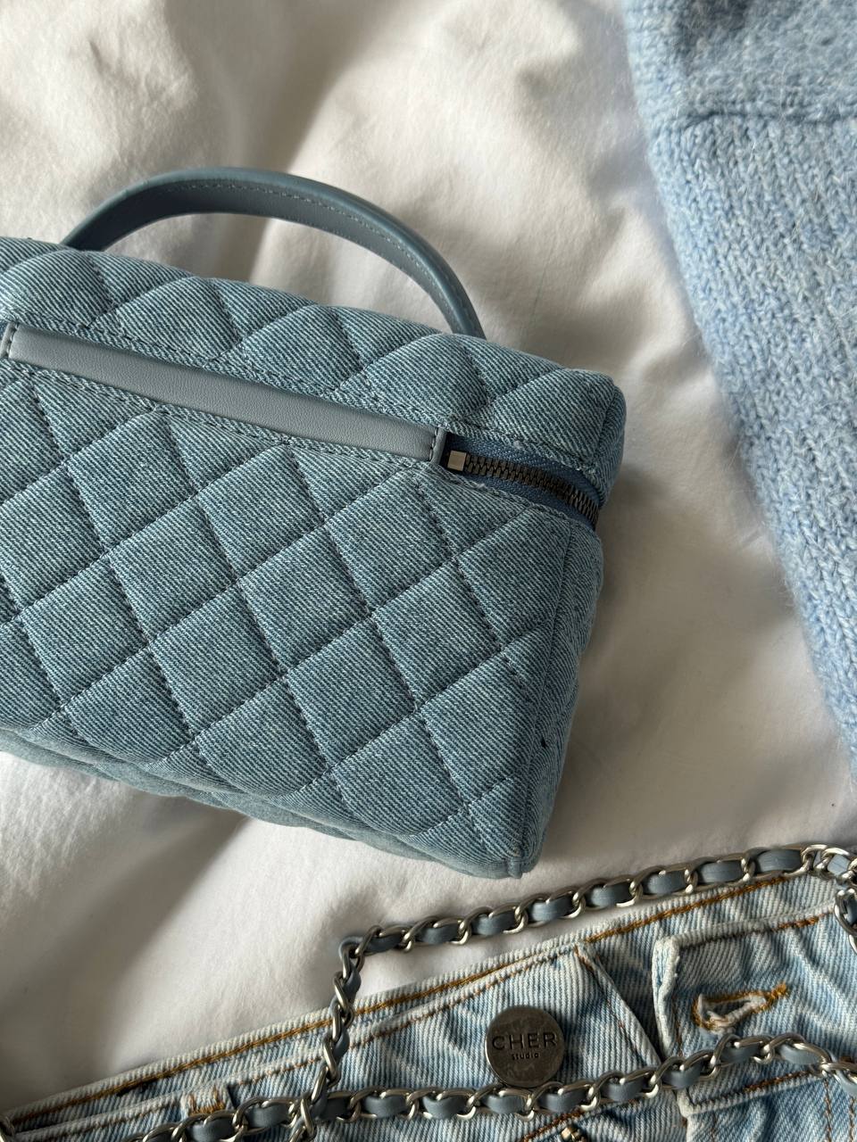 Chanel Denim Quilted Top Handle Slim Vanity Case With Chain Blue - 11