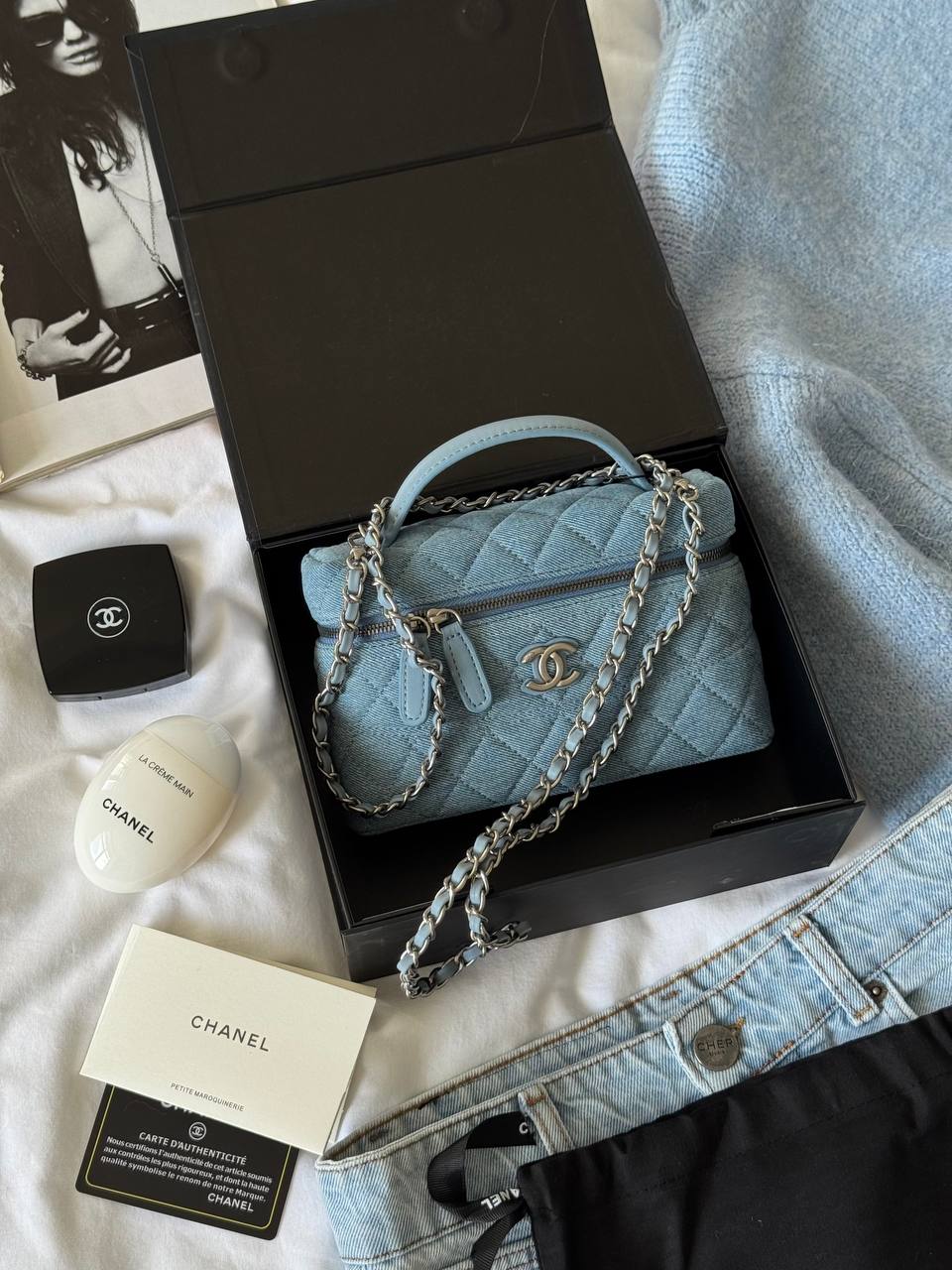 Chanel Denim Quilted Top Handle Slim Vanity Case With Chain Blue - 2