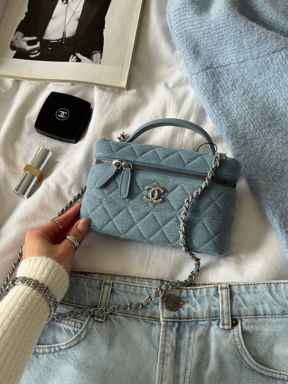 Chanel Denim Quilted Top Handle Slim Vanity Case With Chain Blue - 3