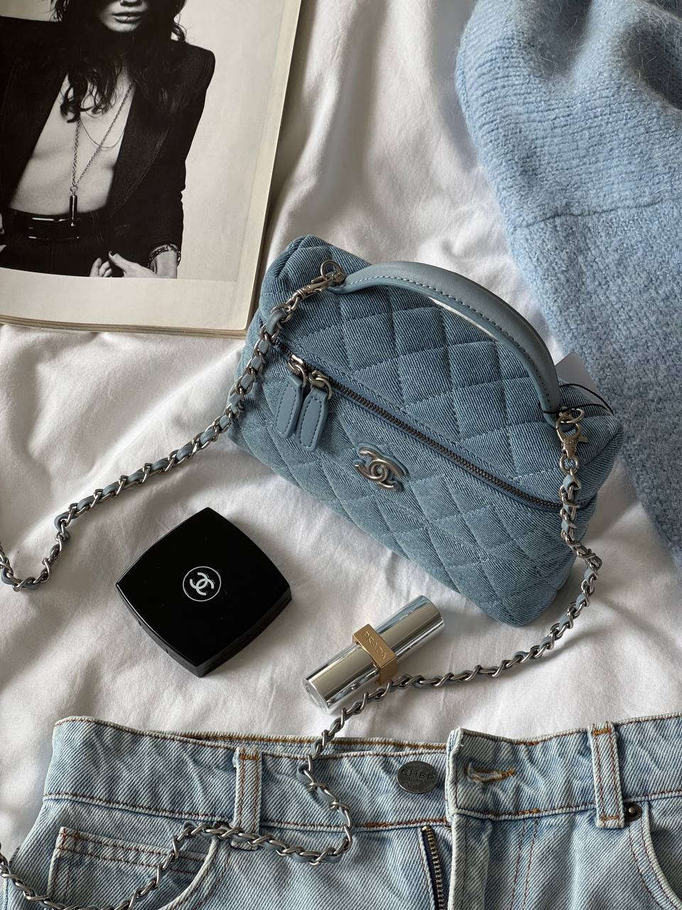 Chanel Denim Quilted Top Handle Slim Vanity Case With Chain Blue - 6