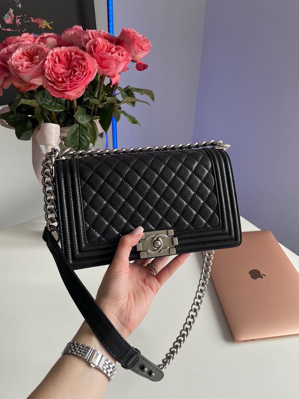 Chanel Medium Boy Black/Silver Caviar RHW - 7