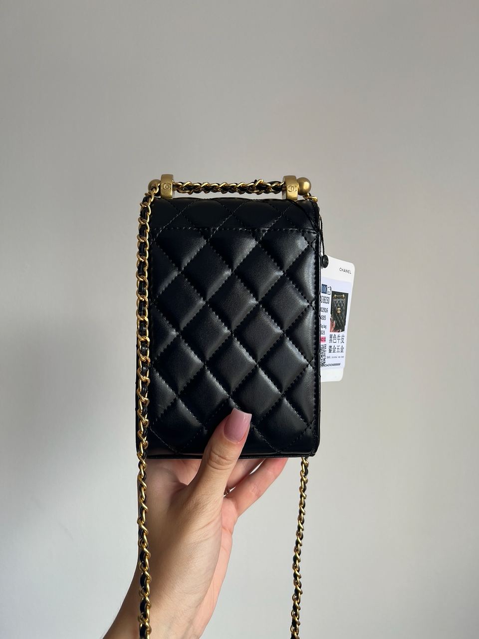 Chanel Pearl Crush Phone Case With Chain Lambskin Black - 5