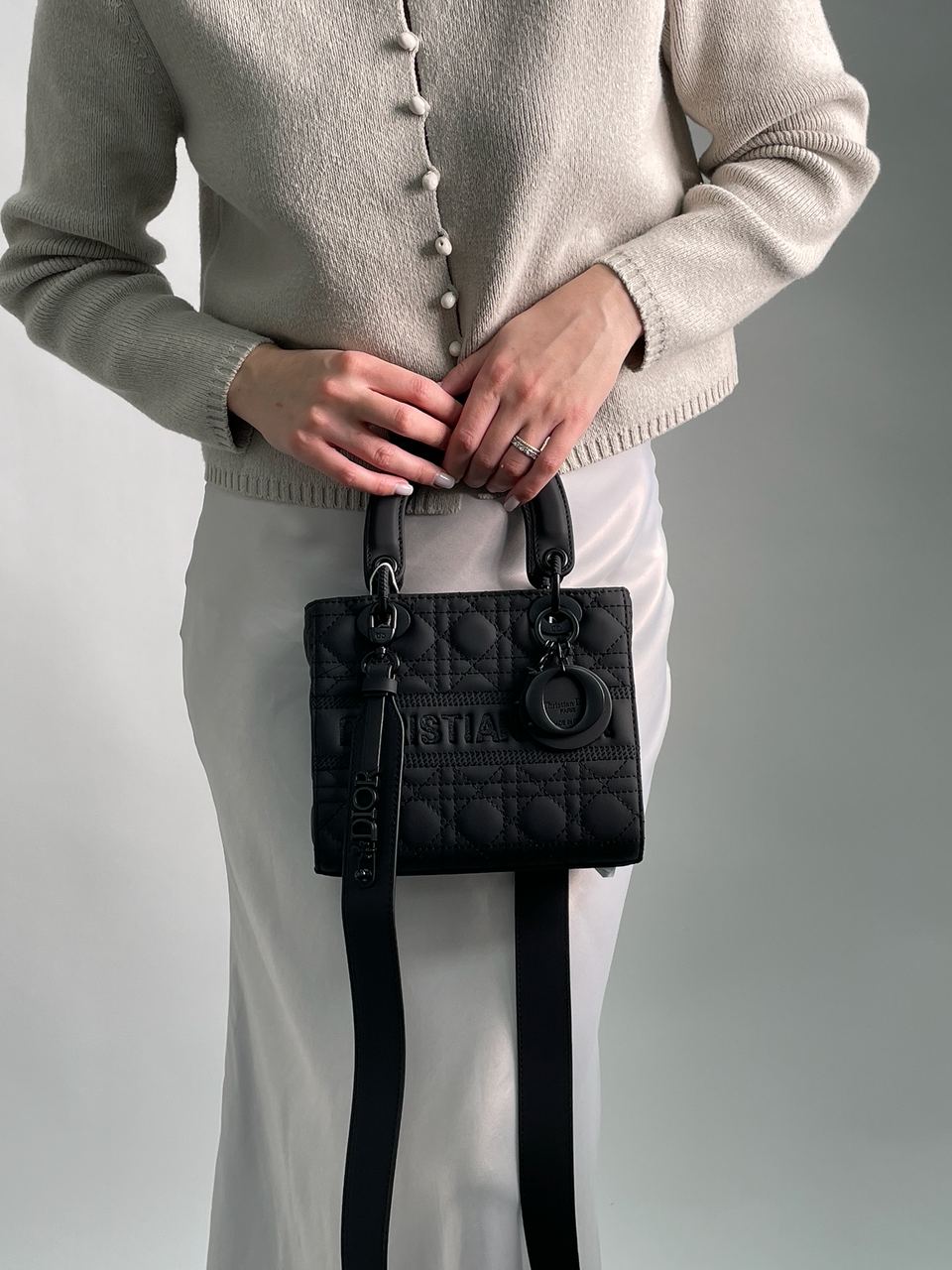 Christian Dior Latte Ultramatte Cannage Calfskin Mini Lady Dior Black - 6