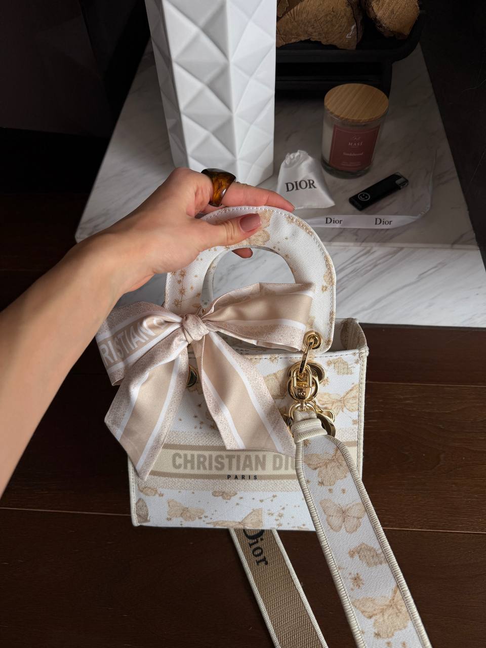 Christian Dior Medium Lady Dior Butterfly Embroidered Canvas Bag in Off-White/Beige - 11