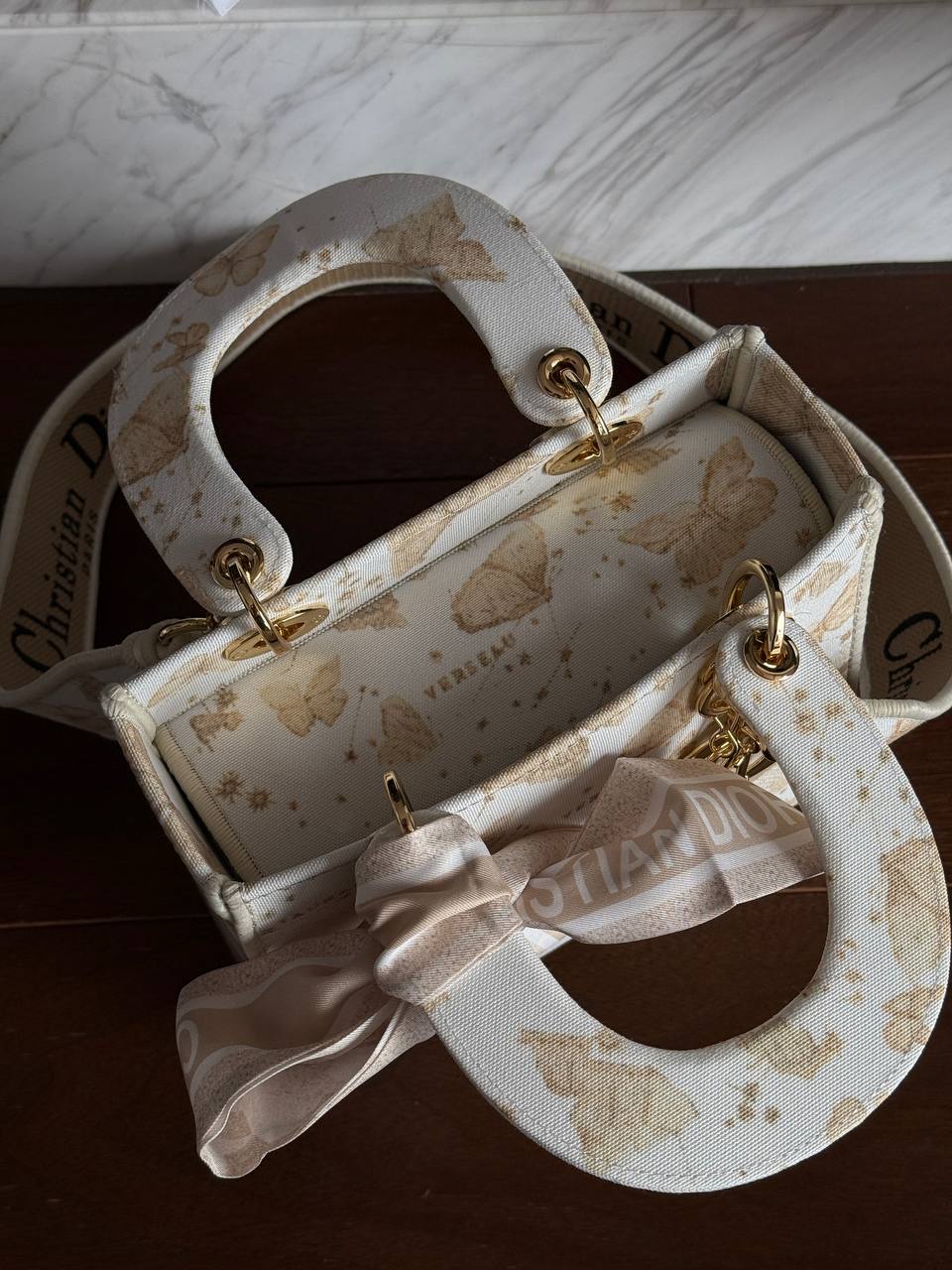 Christian Dior Medium Lady Dior Butterfly Embroidered Canvas Bag in Off-White/Beige - 17