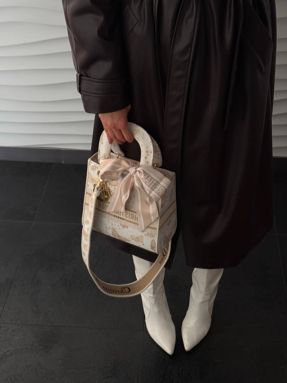 Christian Dior Medium Lady Dior Butterfly Embroidered Canvas Bag in Off-White/Beige - 6