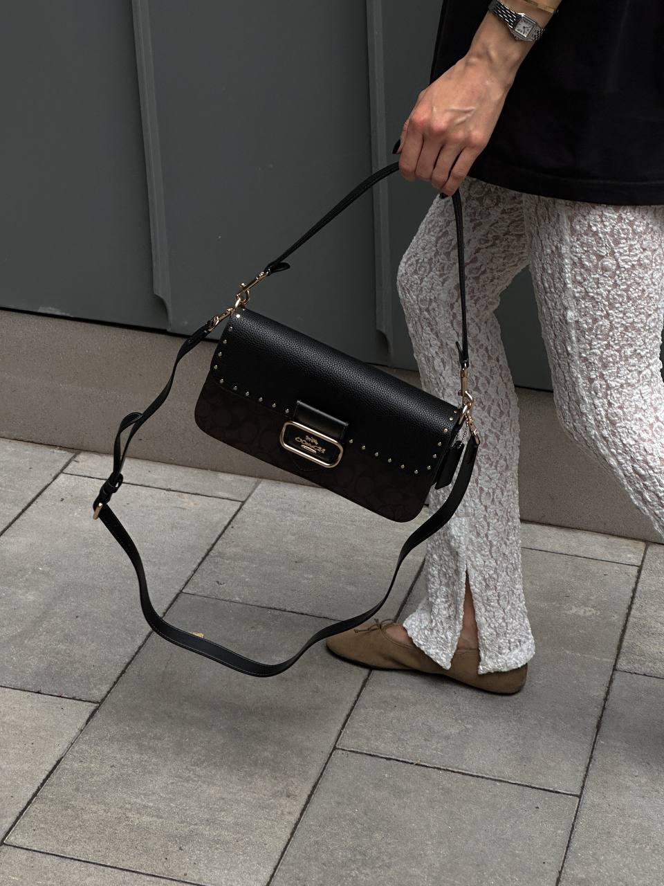 Coach Jade Shoulder Bag With Rivets In Signature Canvas Brown/Black - 6