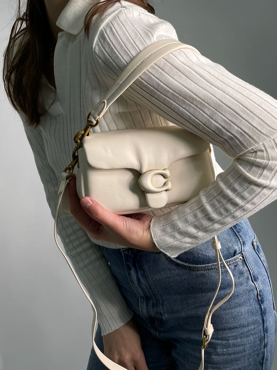 Coach Leather Covered C Closure Puffy Tabby Shoulder Bag Cream - 7