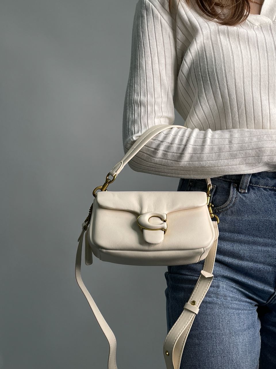 Coach Leather Covered C Closure Puffy Tabby Shoulder Bag Cream - 8