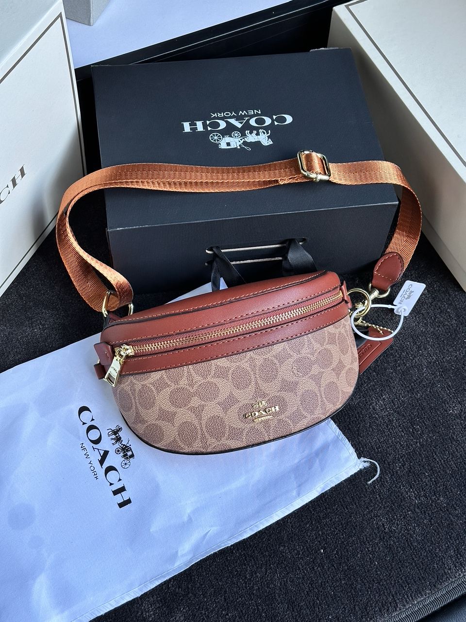 Coach Leather Signature Belt Bag, Tan/Rust - 2