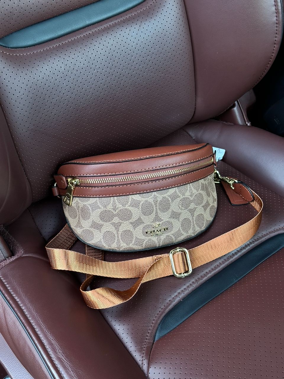 Coach Leather Signature Belt Bag, Tan/Rust - 8