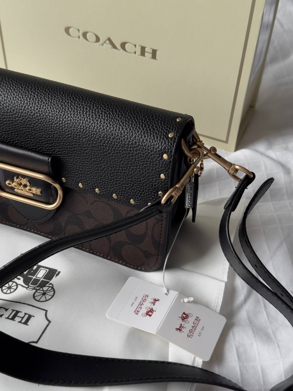 Coach Morgan Shoulder Bag in Colorblock Signature Canvas with Rivets in Gold/Brown Black Multi - 10