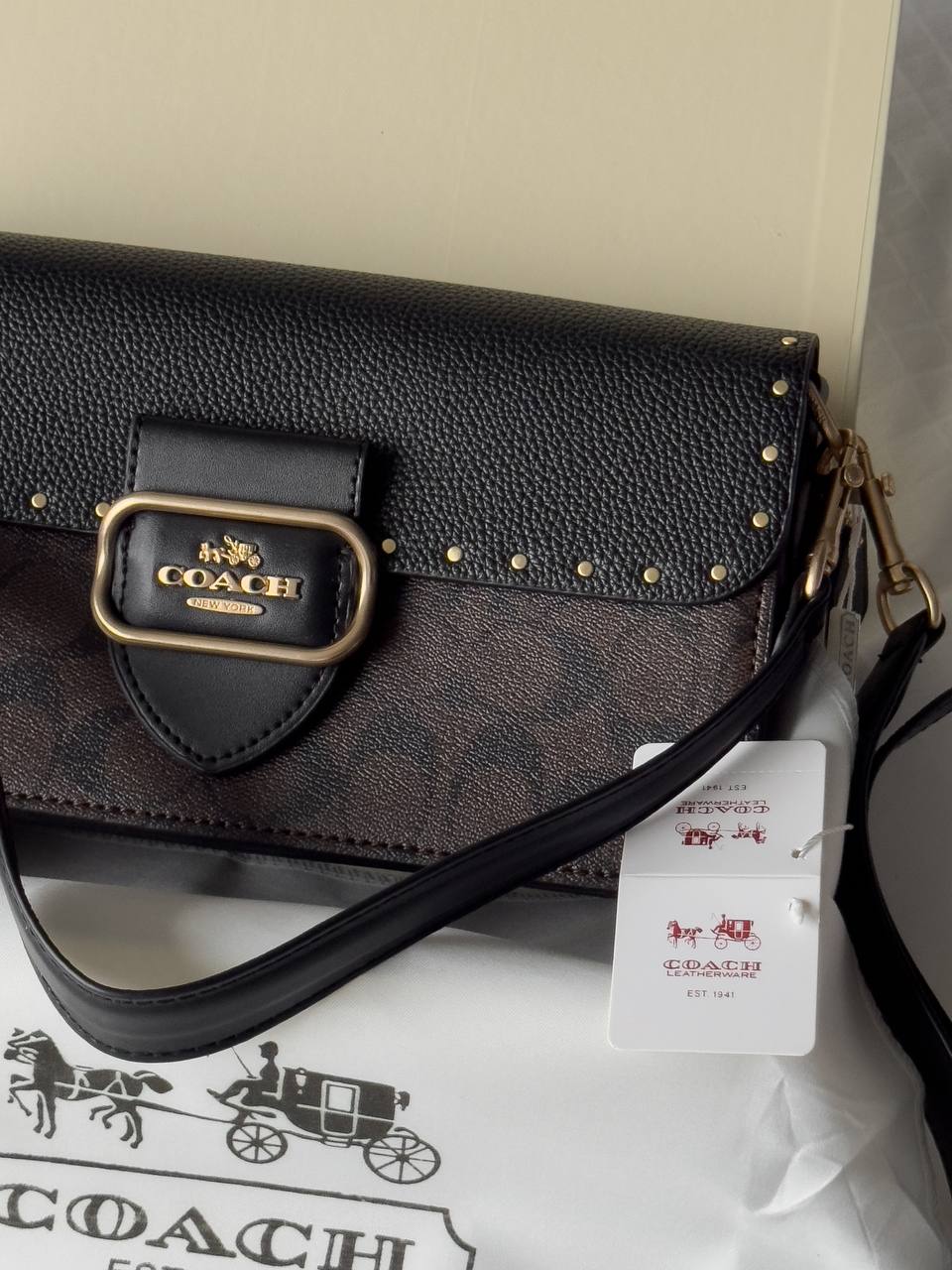 Coach Morgan Shoulder Bag in Colorblock Signature Canvas with Rivets in Gold/Brown Black Multi - 7