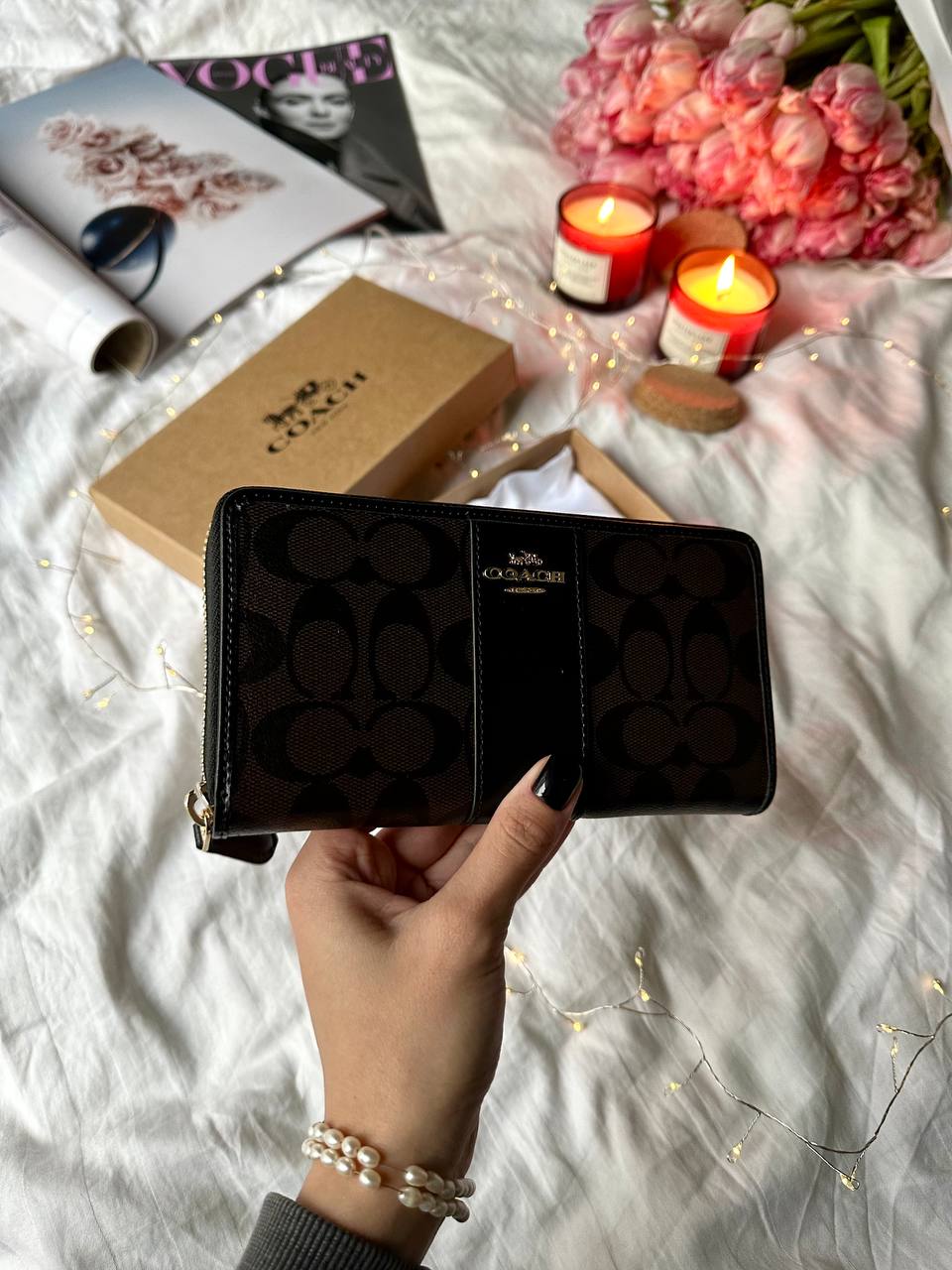 Coach Round Fastener Long Wallet Signature Brown/Black - 5