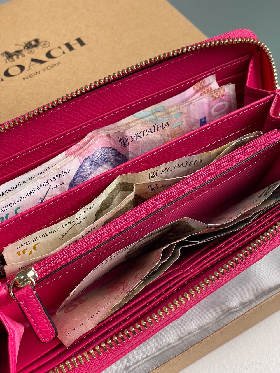 Coach Round Fastener Long Wallet Signature Brown/Pink - 14