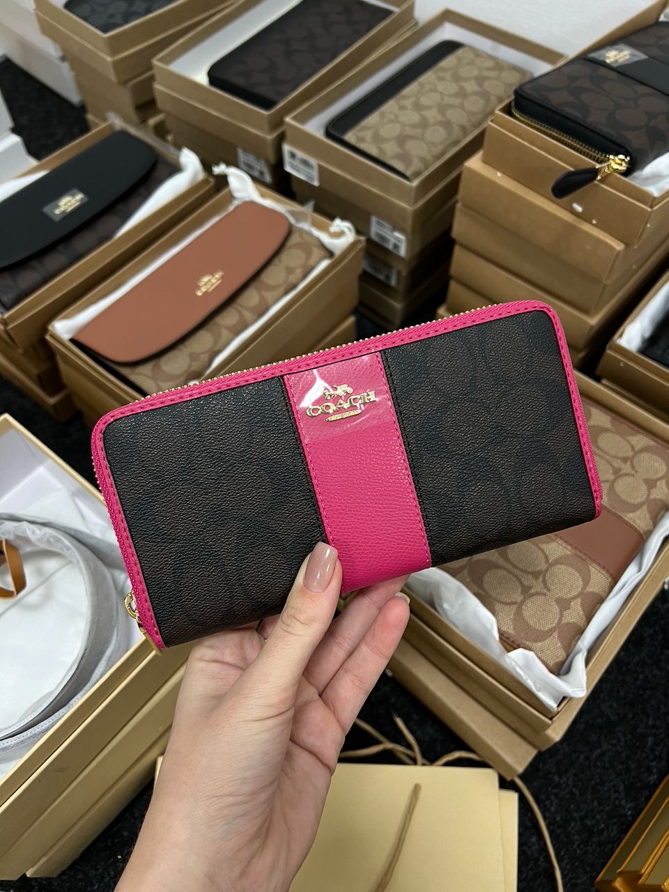 Coach Round Fastener Long Wallet Signature Brown/Pink - 6