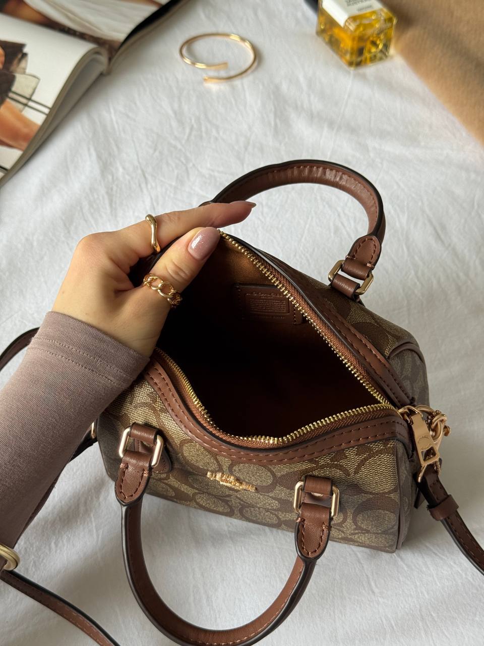 Coach Rowan Satchel Bag In Signature Canvas Brown/Beige - 12