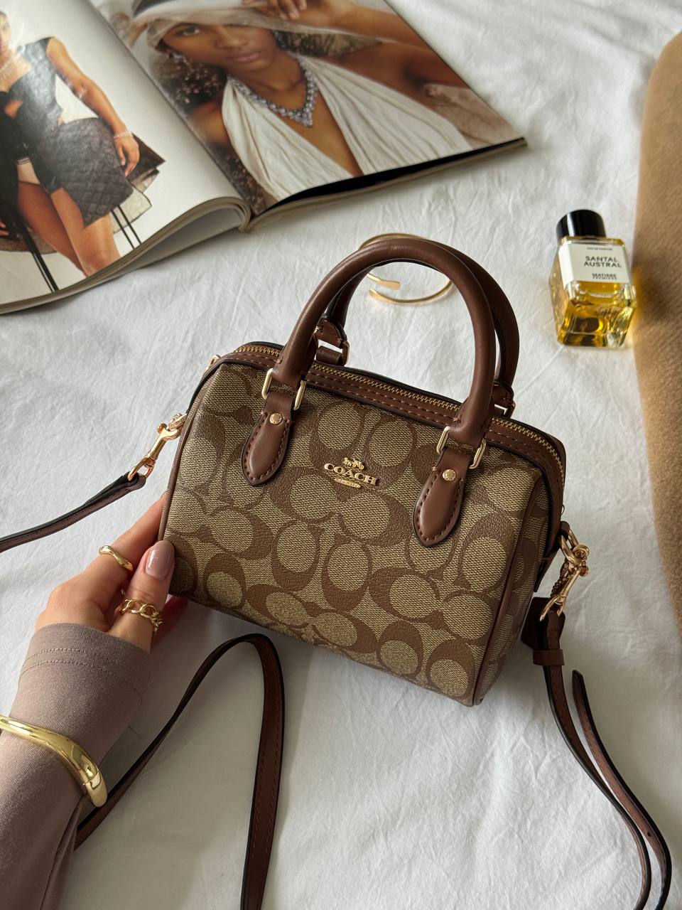 Coach Rowan Satchel Bag In Signature Canvas Brown/Beige - 4