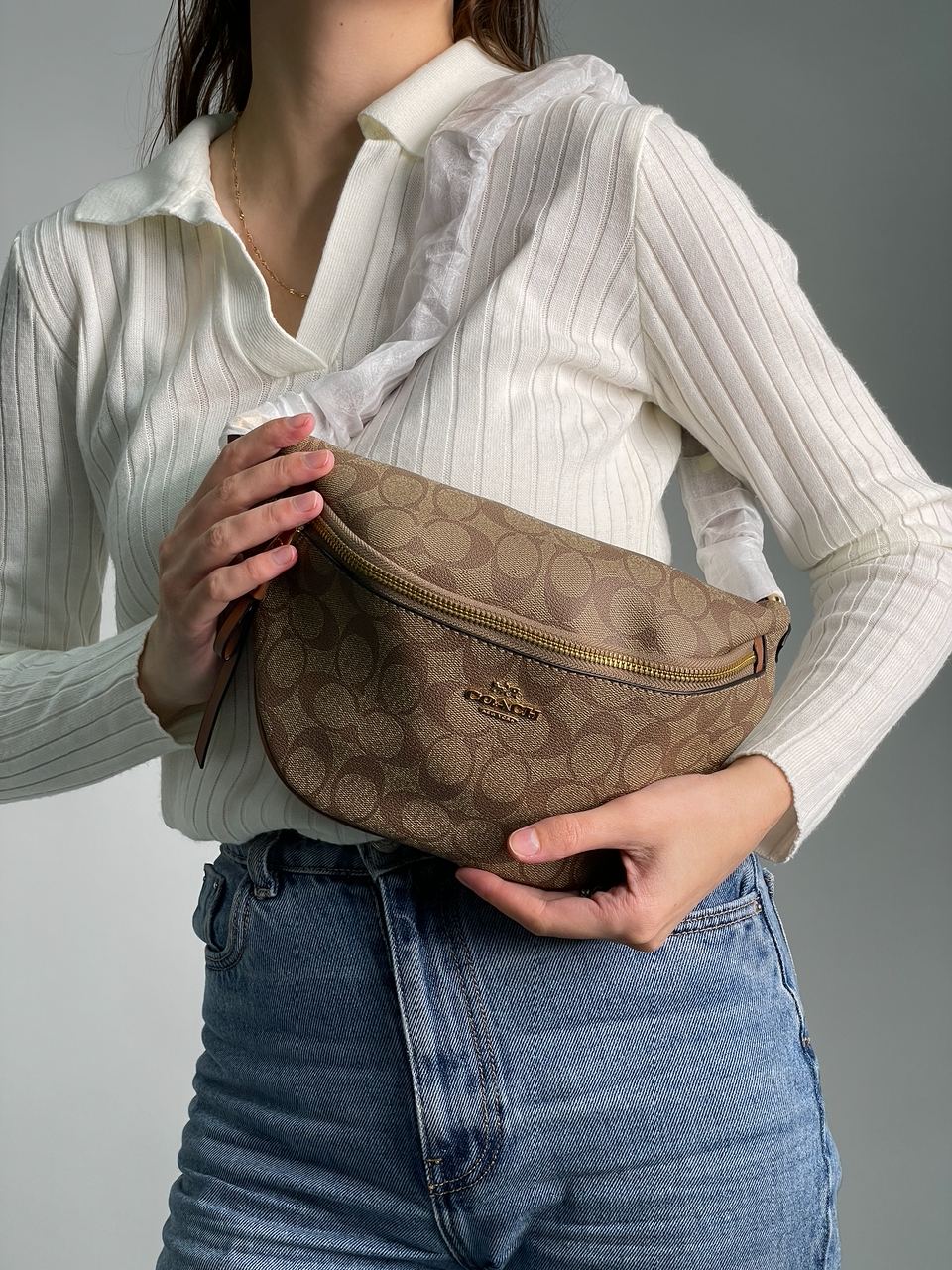 Coach Signature Belt Bag Fanny Pack Khaki Saddle - 7