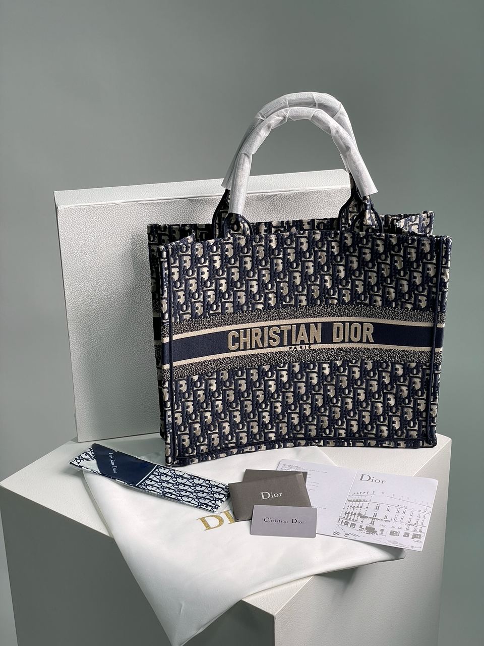 Dior Large Book Tote Ecru and Blue Dior Oblique Embroidery - 2