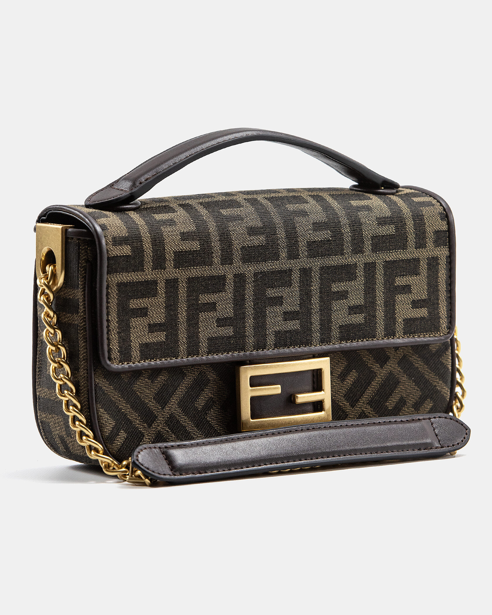 Fendi Brown FF Jacquard Fabric Baguette Chain Bag - 6