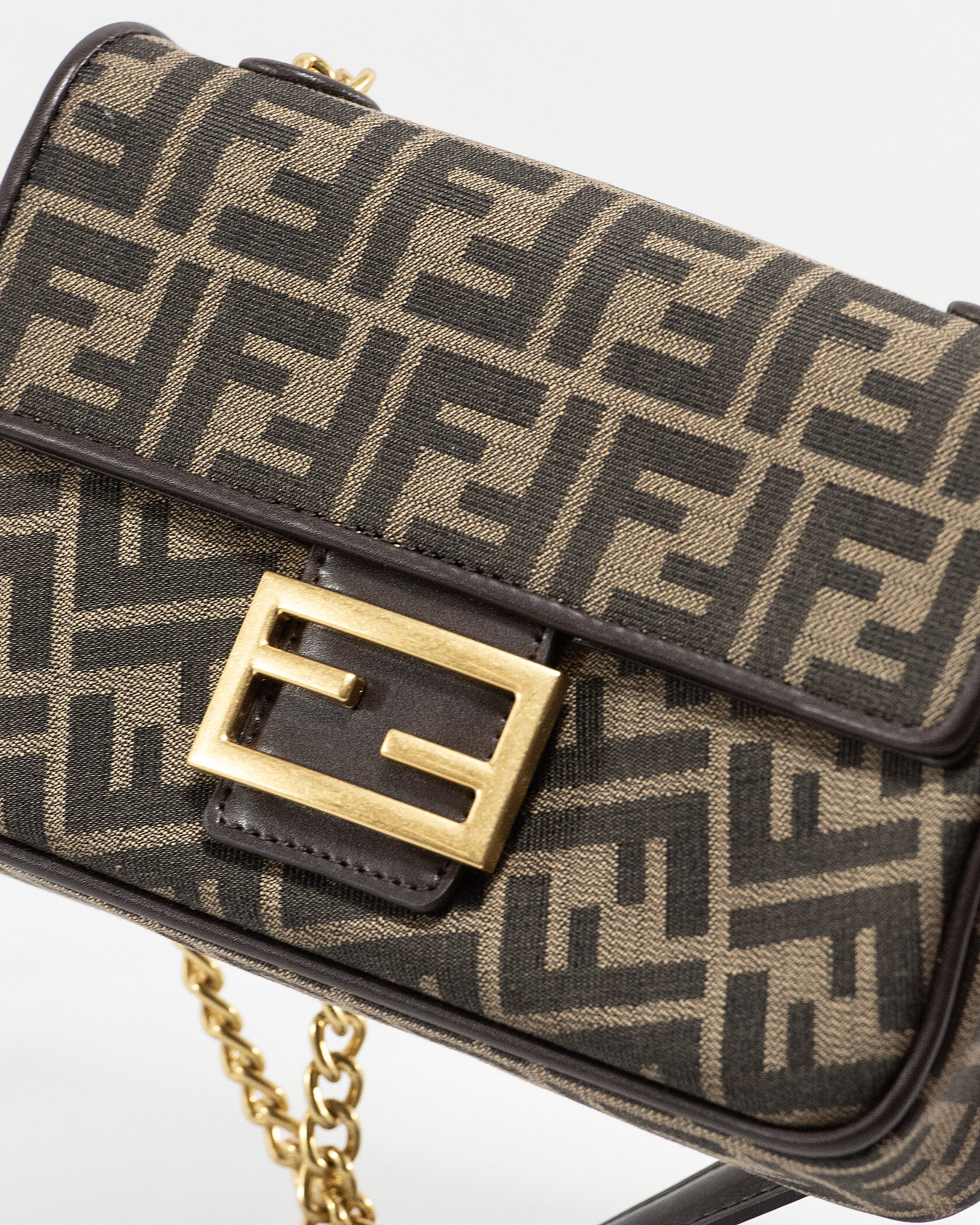 Fendi Brown FF Jacquard Fabric Baguette Chain Midi Bag - 10